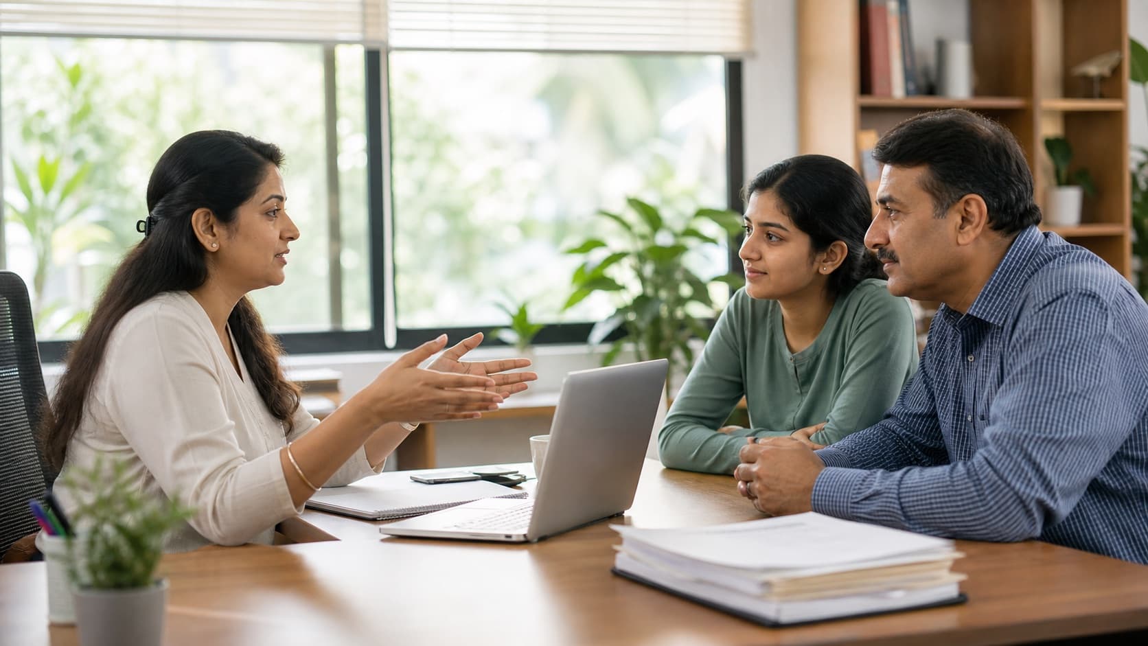 Education counsellor speaking with a student and parent