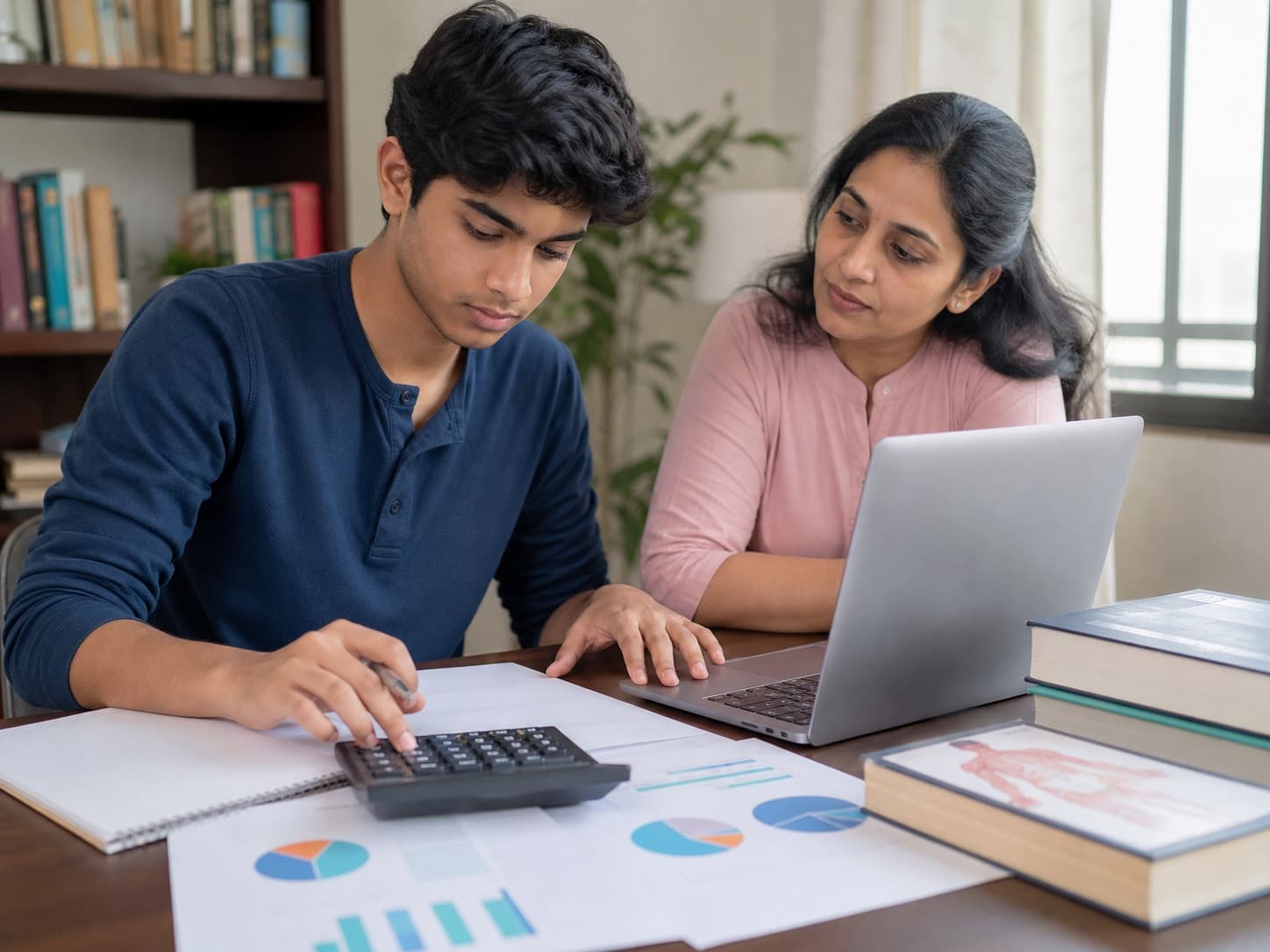 Student planning MBBS fees and eligibility with a calculator