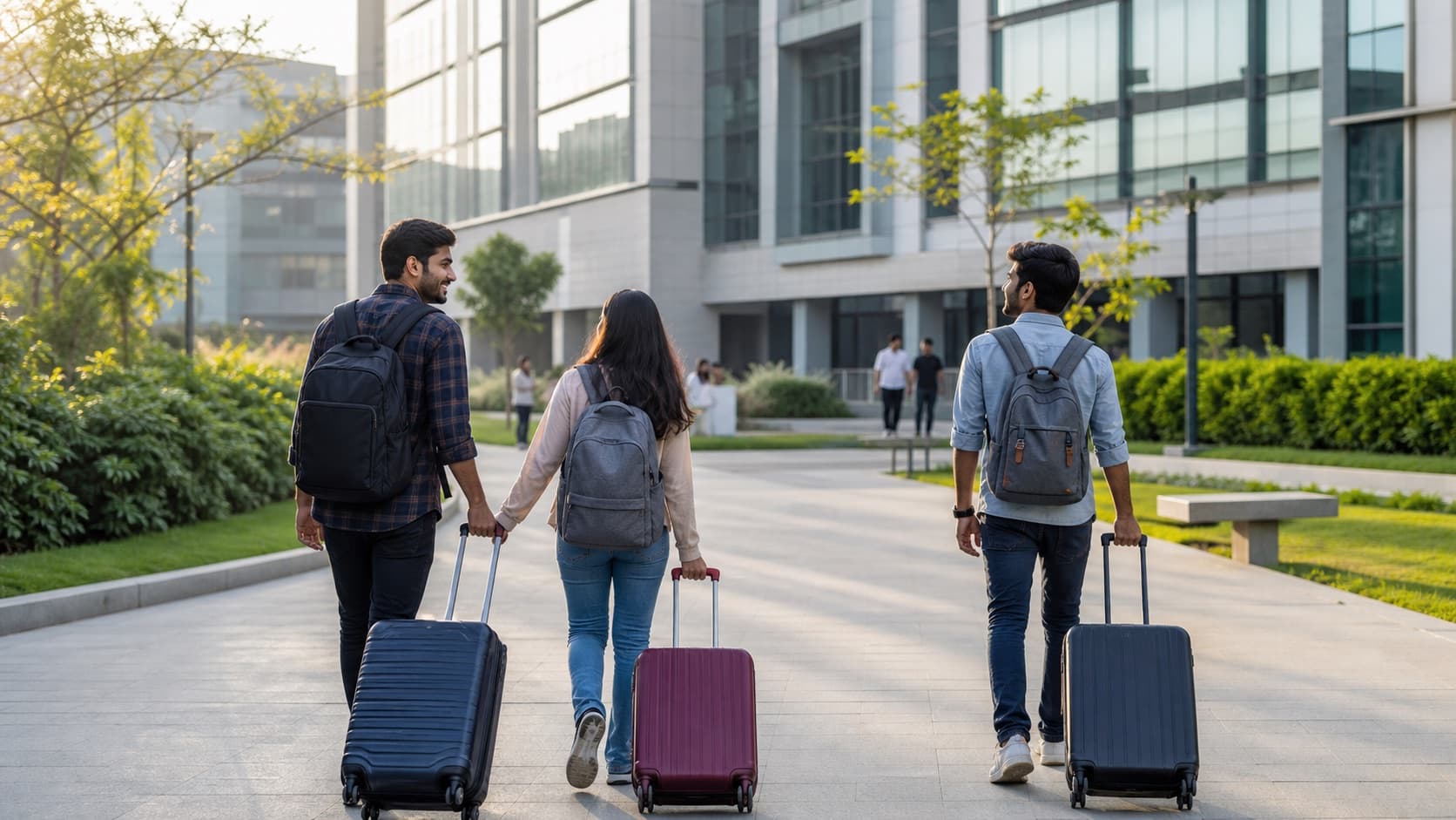 Students arriving at a modern university campus with luggage