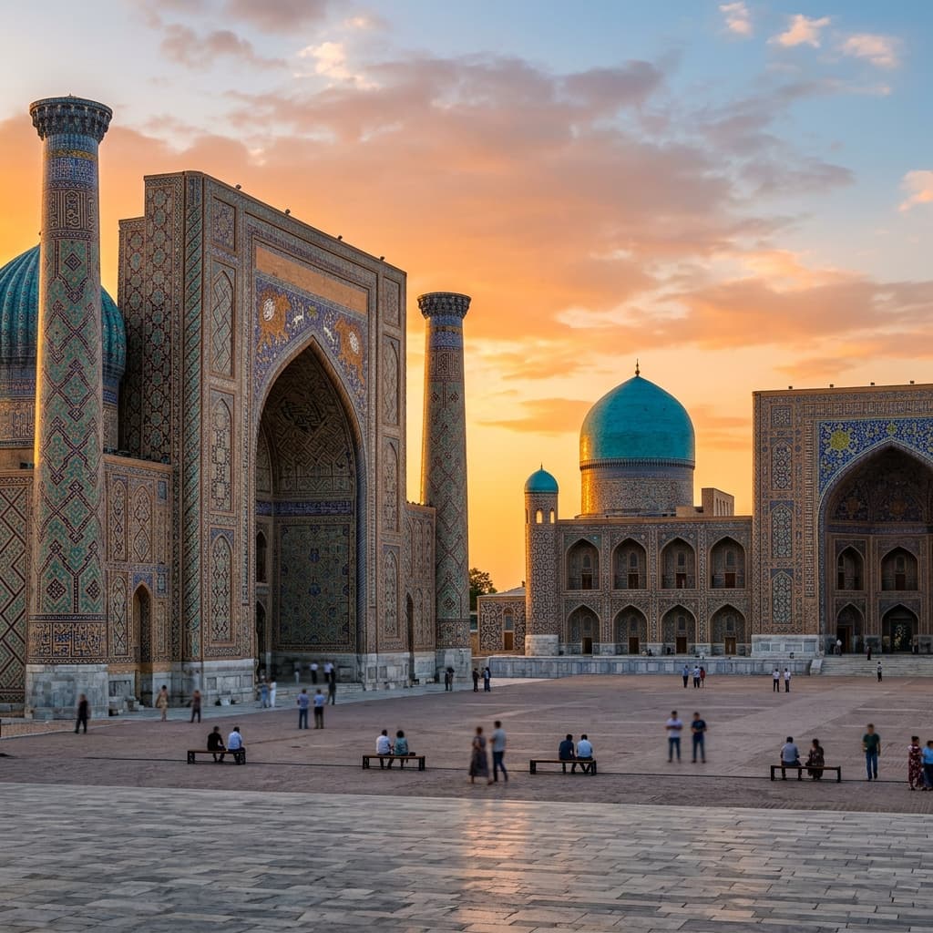 Beautiful historical architecture in Samarkand, Uzbekistan at sunset